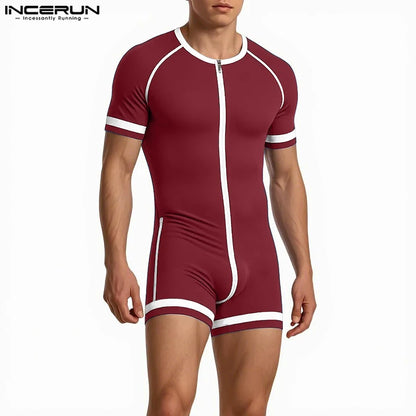 INCERUN Men Bodysuits Patchwork Zipper O-neck Short Sleeve Cozy Male Rompers Playsuits Workout 2025 Fashion Casual Bodysuit Men