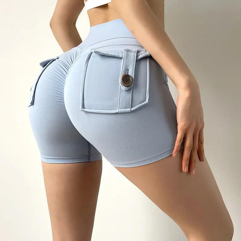 Pantalones cortos de yoga para mujer, con bolsillo, fruncidos, mallas de gimnasia de cintura alta que realzan los glúteos, mallas deportivas sexis, pantalones cortos para correr y fitness