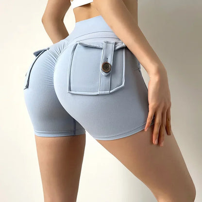 Pantalones cortos de yoga para mujer, con bolsillo, fruncidos, mallas de gimnasia de cintura alta que realzan los glúteos, mallas deportivas sexis, pantalones cortos para correr y fitness