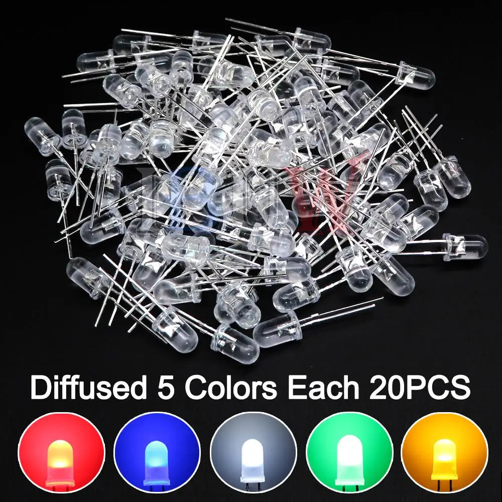 100PCS/LOT, 5mm LED Diode, F5 Assorted Kit, White Green Red Blue Yellow Orange Pink Purple Warm White DIY Light Emitting Diodes, IBUW