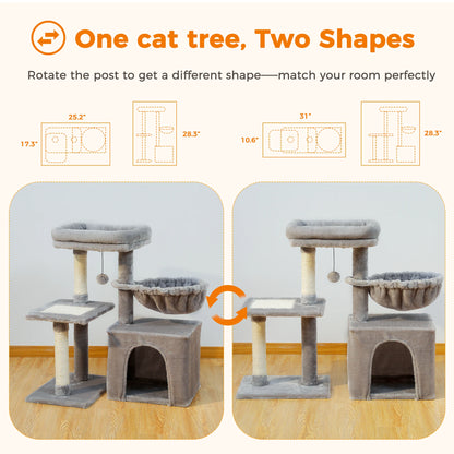 Cat tree, Cat Tower for Indoor Cats, 2 Styles Cat Activity Tree with Cat Scratching Posts, Big Hammock and Removable Top Perch Grey