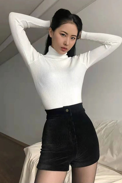 Women's Black Goth Pants Shorts, High Waist Spring Autumn Fashion, Tight Sexy Stretch Y2K Corduroy Female Casual Pants