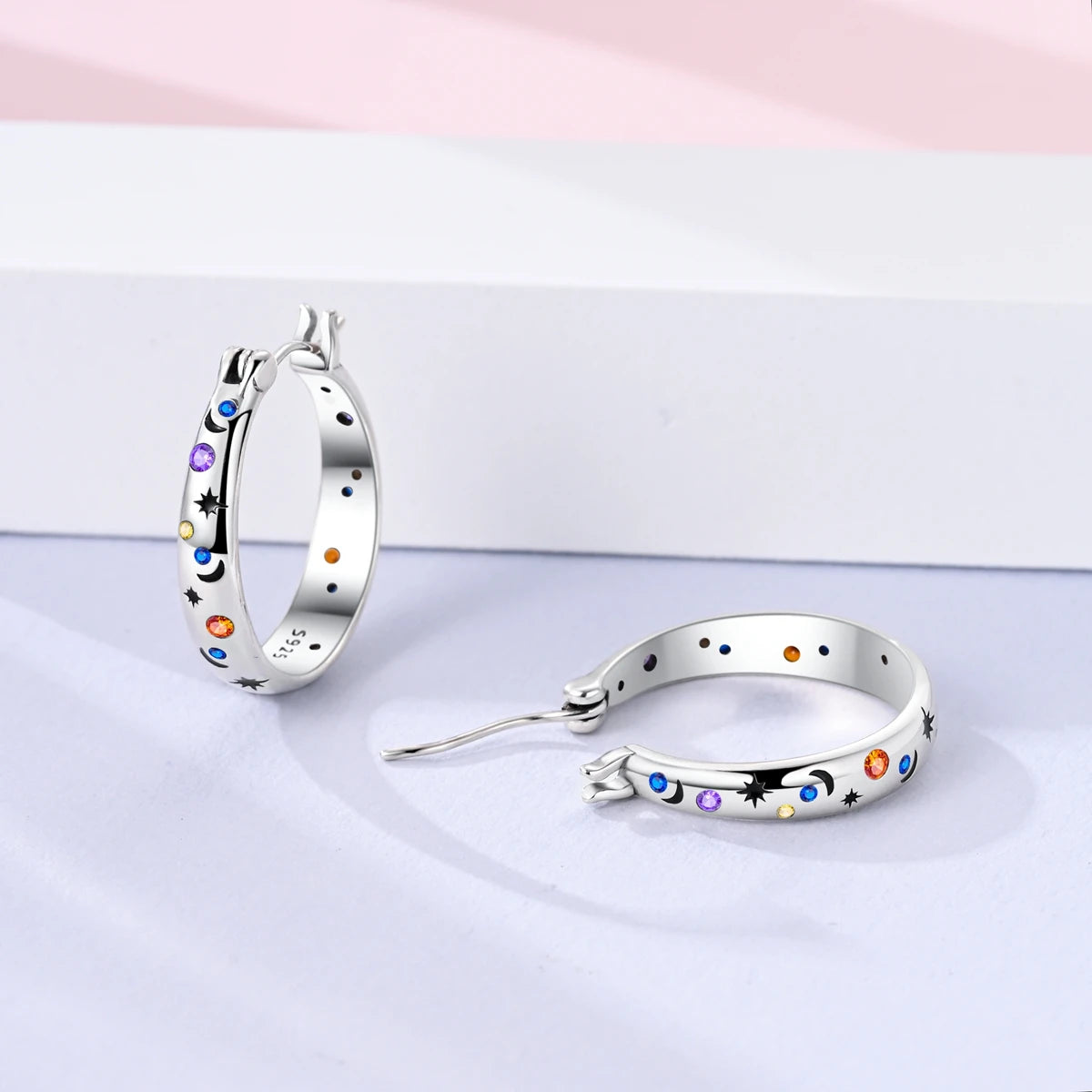 925 Sterling Silver Colored Zirconium Stars Hoop Earrings For Women Jewelry, Anniversary WeddingMaking Jewelry Gift
