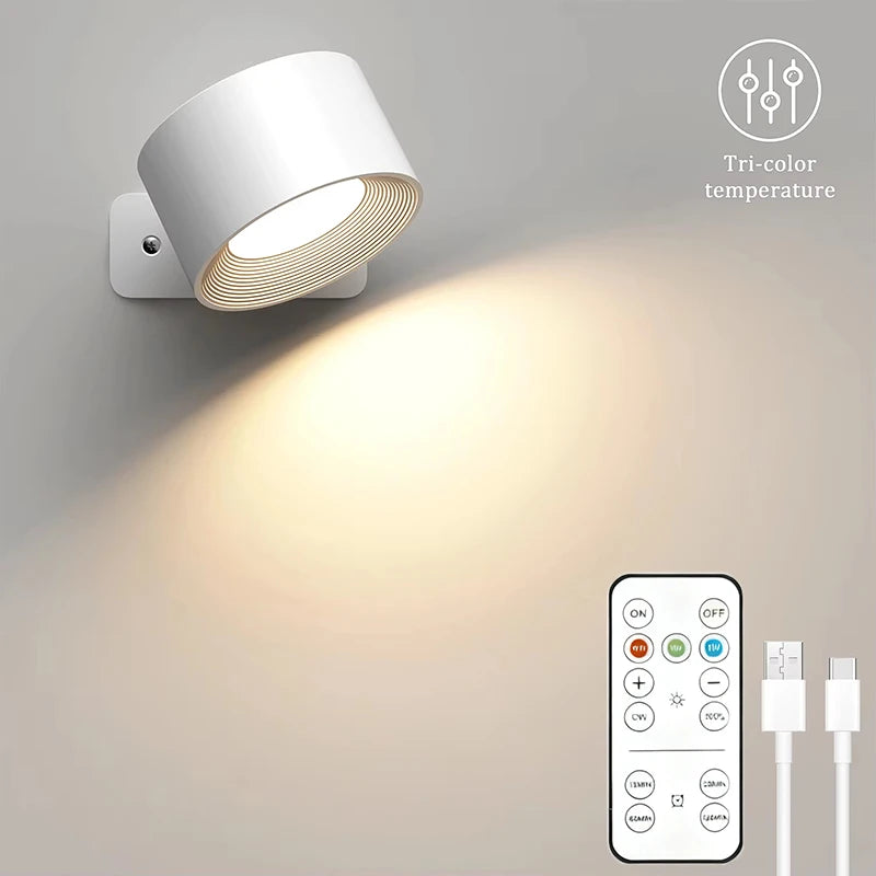 LED Wall Lights with Remote, Rechargeable Wall Mounted Reading Sconces Lamp 2000mAh, 3 Colors & Dimmable Magnetic 360° Rotation