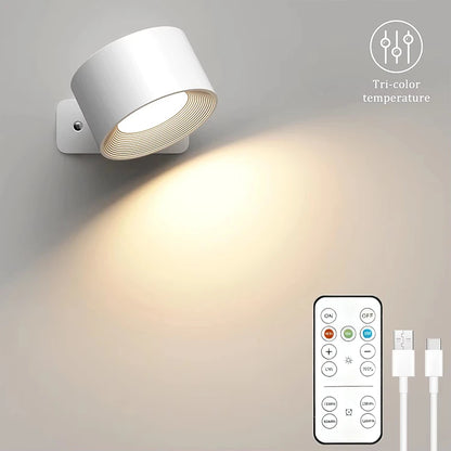 LED Wall Lights with Remote, Rechargeable Wall Mounted Reading Sconces Lamp 2000mAh, 3 Colors & Dimmable Magnetic 360° Rotation