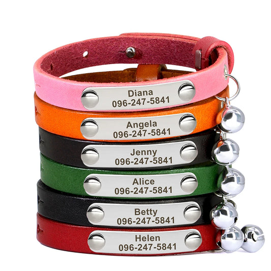 Personalized Cat Collar Leather Kitten Cats Collars Adjustable Pet Necklace With Bell Anti-lost for Cats Free Engraving Custom