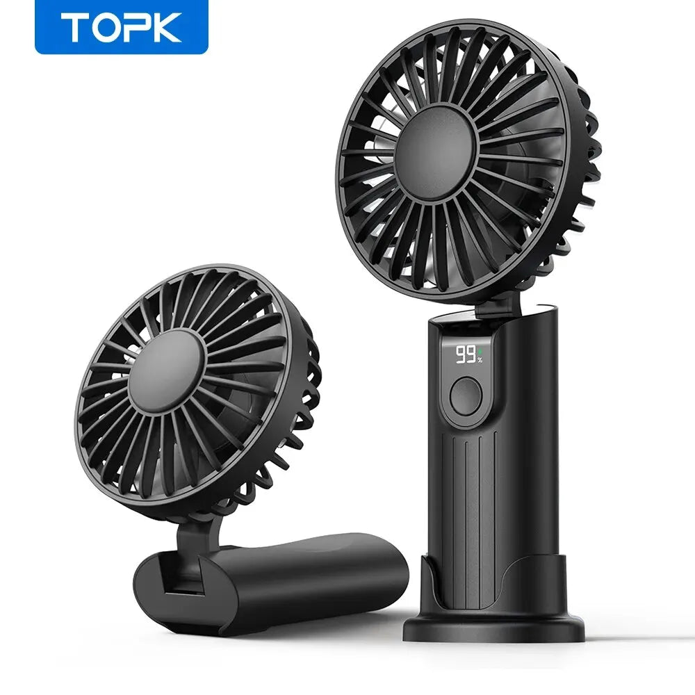 TOPK K38 Portable Handheld Fan,5000mAh 3 in 1 Multifunction Personal Travel Neck Fan with Digital Display,90° Foldable Desk Fan