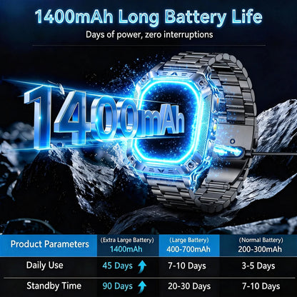 2026 Military outdoor SmartWatch Fitness Clock Men 2.01 inch AMOLED Screen 1400mAh Battery Flashlight Call Waterproof Smart Band