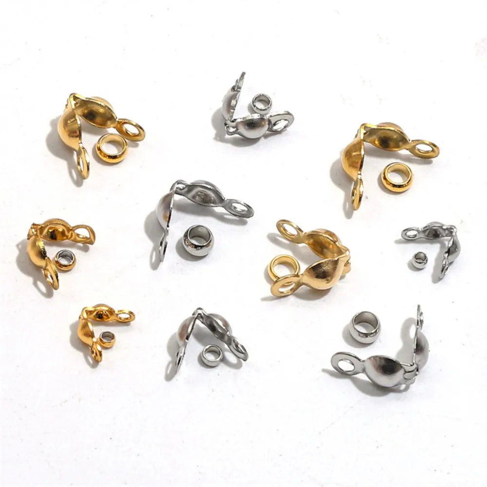 50pcs Stainless Steel Crimp Bead Tips Knot Covers Clamshell Fold-Over Bead Tips with 50pcs End Caps for Jewelry Making Craft DIY