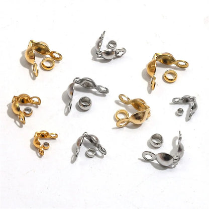 50pcs Stainless Steel Crimp Bead Tips Knot Covers Clamshell Fold-Over Bead Tips with 50pcs End Caps for Jewelry Making Craft DIY