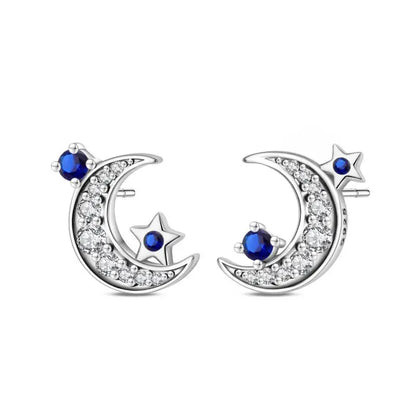925 Sterling Silver Moon Universe Starry Sky Series Charm Earrings Women Blue Shiny Zircon Daily Wear Jewelry