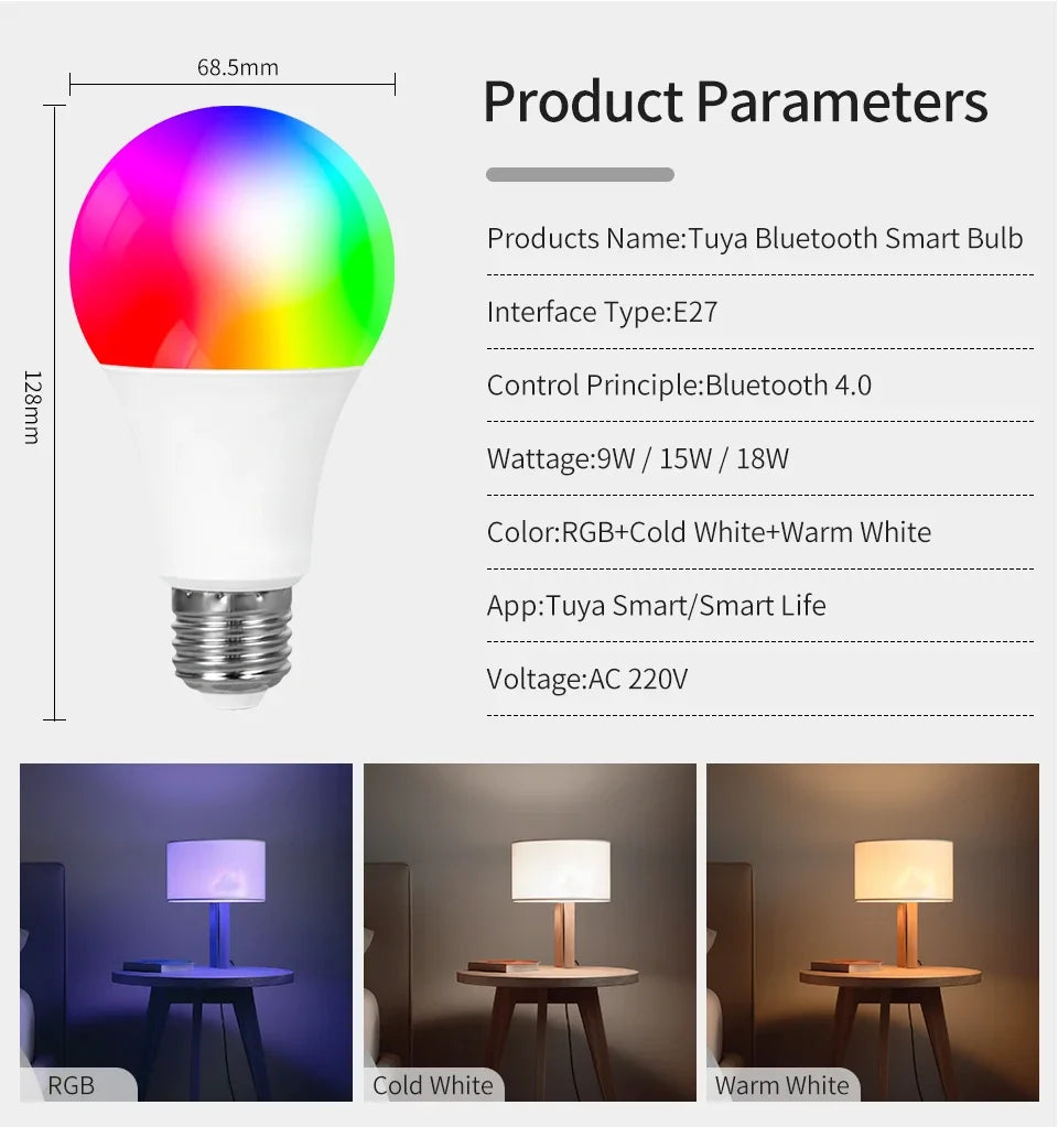 Tuya Smart Bluetooth Bulb E27 220V 9W 15W 18W Color Changing Smart Home RGB Lamp, Smart Life APP Control Dimmable Timer