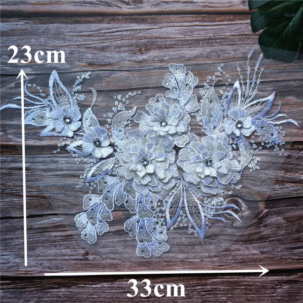 Grey Blue Red 3D Flower Leaf Lace Fabric Sequin Rhinestone Embroidered Gown Appliques Collar Mesh Sew Patch For Wedding Decor