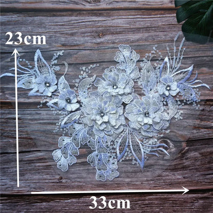 Grey Blue Red 3D Flower Leaf Lace Fabric Sequin Rhinestone Embroidered Gown Appliques Collar Mesh Sew Patch For Wedding Decor