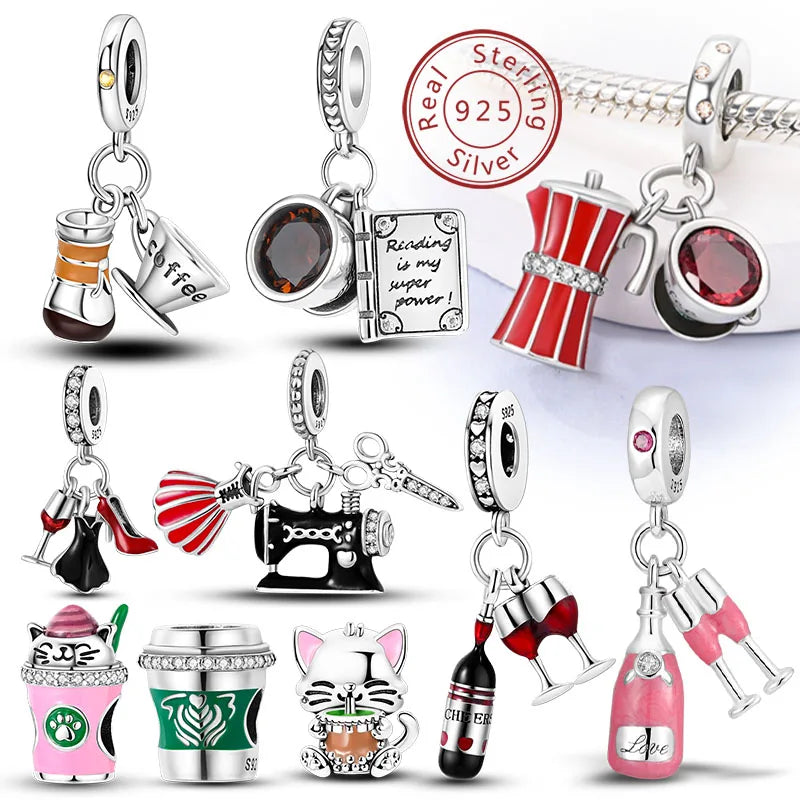 Dijes de plata de ley 925 originales, abalorios de cristal de vino, taza de café, dije colgante para pulseras de mujer, joyería DIY, regalo