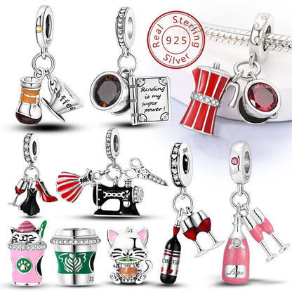 Dijes de plata de ley 925 originales, abalorios de cristal de vino, taza de café, dije colgante para pulseras de mujer, joyería DIY, regalo