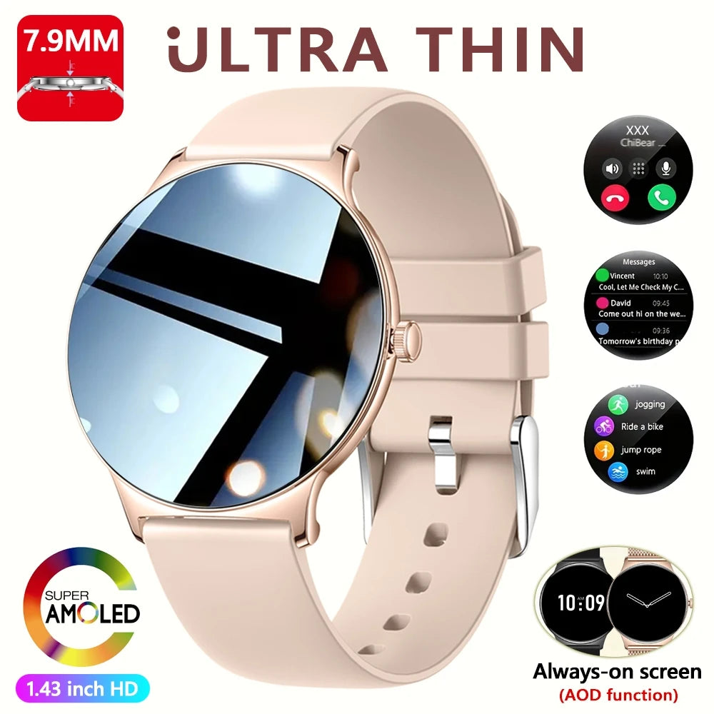 Ultra-Thin Fashion Women's Smart Watch 1.43 inch AMOLED HD Screen Sports Bracelet Clock Always Show Time Bluetooth Call Smartwatch