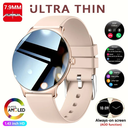 Ultra-Thin Fashion Women's Smart Watch 1.43 inch AMOLED HD Screen Sports Bracelet Clock Always Show Time Bluetooth Call Smartwatch