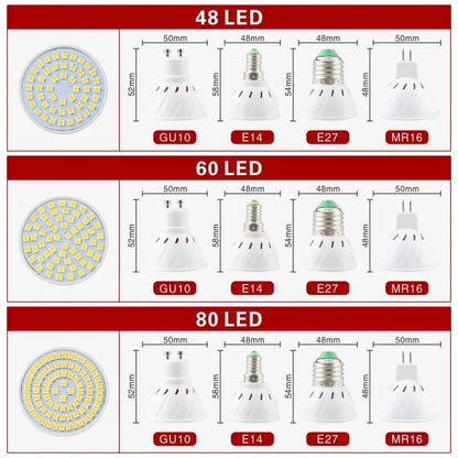 MR16 GU10 E27 E14 LED Spotlight Bulb 220V Lampadas LED Lamp 48 60 80 LED 2835 SMD Lampara Spot Light Cold/Warm White