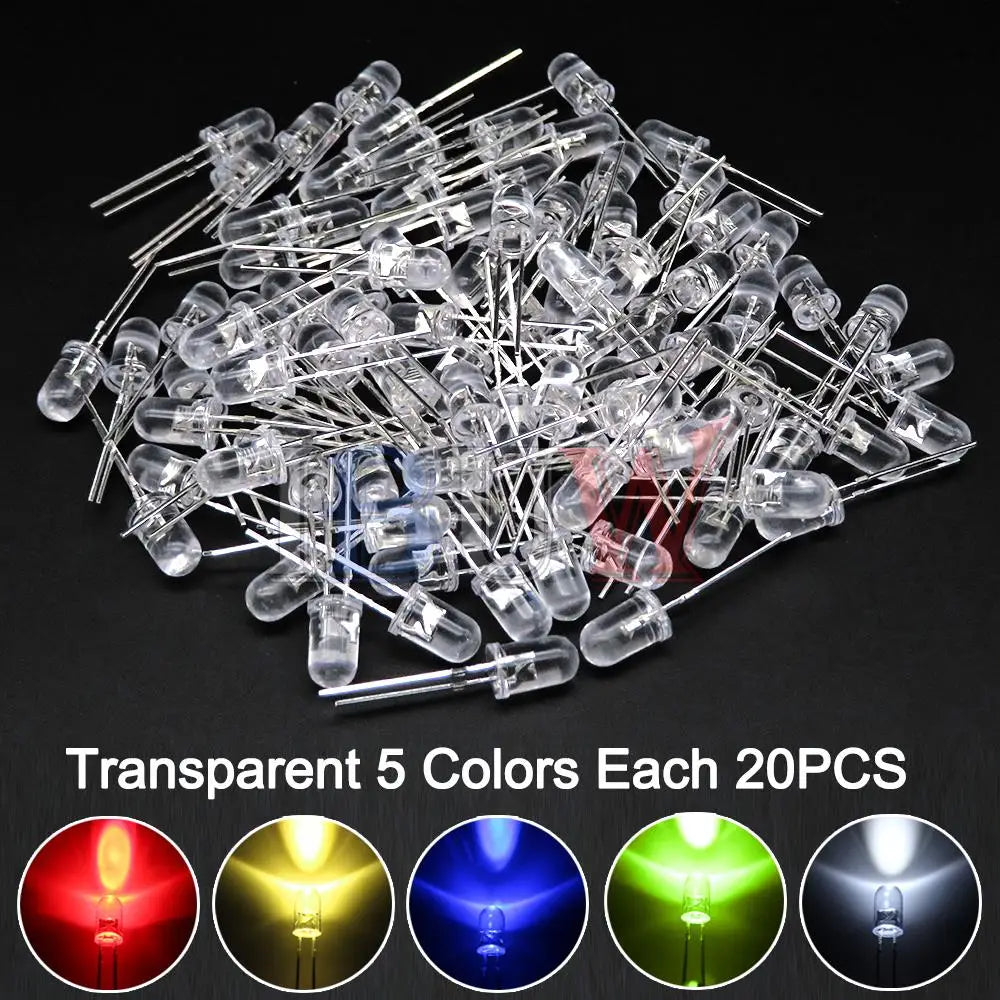 100PCS/LOT, 5mm LED Diode, F5 Assorted Kit, White Green Red Blue Yellow Orange Pink Purple Warm White DIY Light Emitting Diodes, IBUW