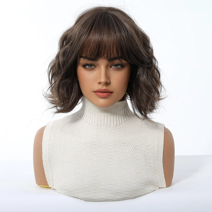 Dark Brown Wavy Bob Synthetic Wigs with Bangs Short  Natural Hair for Women Use Daily Party Cosplay Heat Resistant Fiber