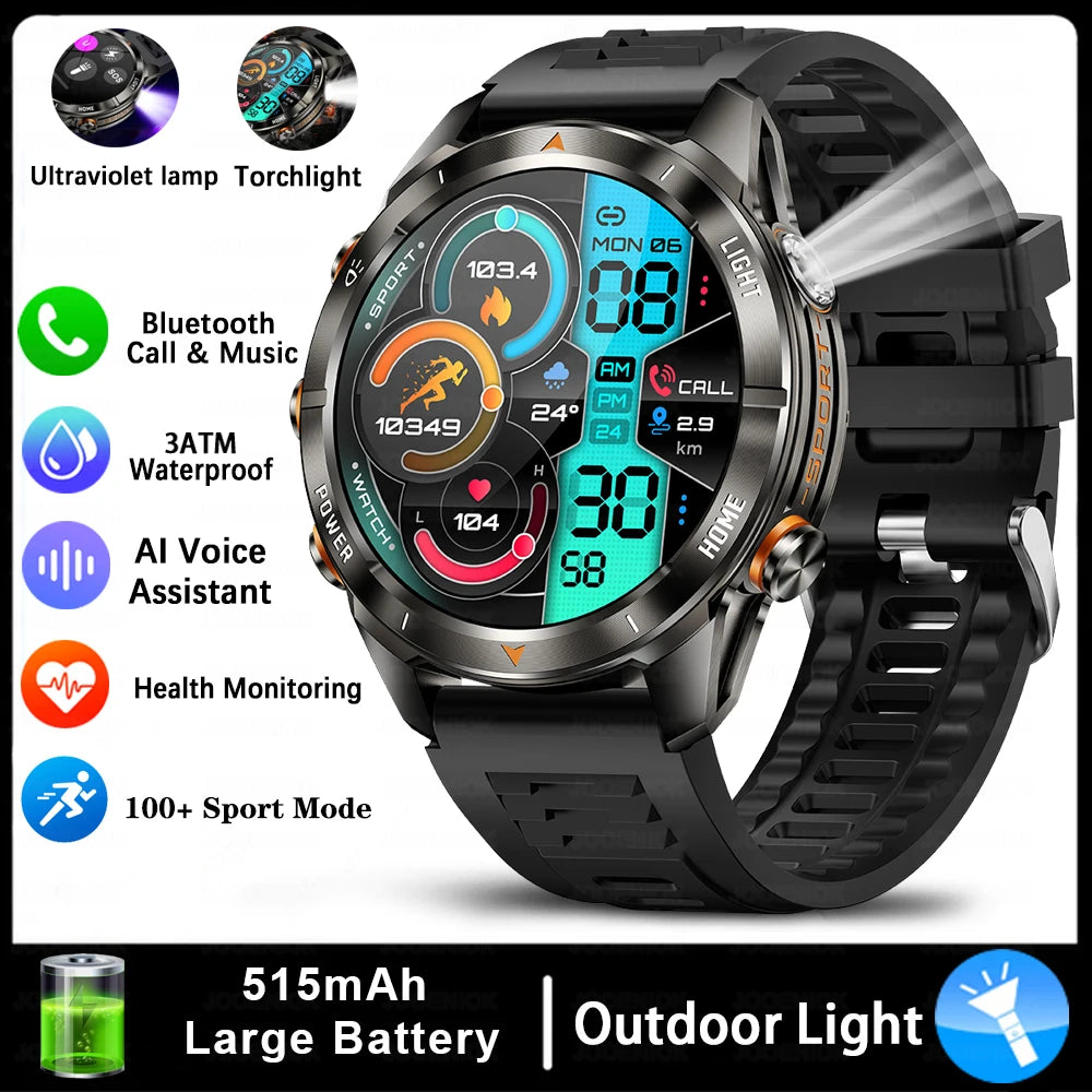 New Outdoor Sport Smart Watch, For Men, 1.46" AMOLED Screen LED, Flashlight, 515mAh Battery, 10ATM Waterproof, Bluetooth Call Smartwatch