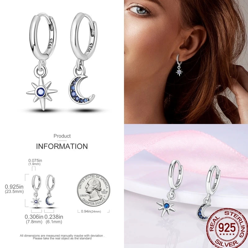 925 Sterling Silver Moon Universe Starry Sky Series Charm Earrings Women Blue Shiny Zircon Daily Wear Jewelry