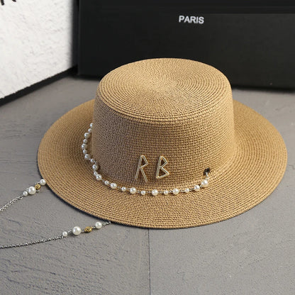 New Women Summer Hats, Straw Sun Hat, Panama Elegant Straw Fedoras Lady Girl Outdoor Vacation with Pearl Chain Sunshade Beach Hat