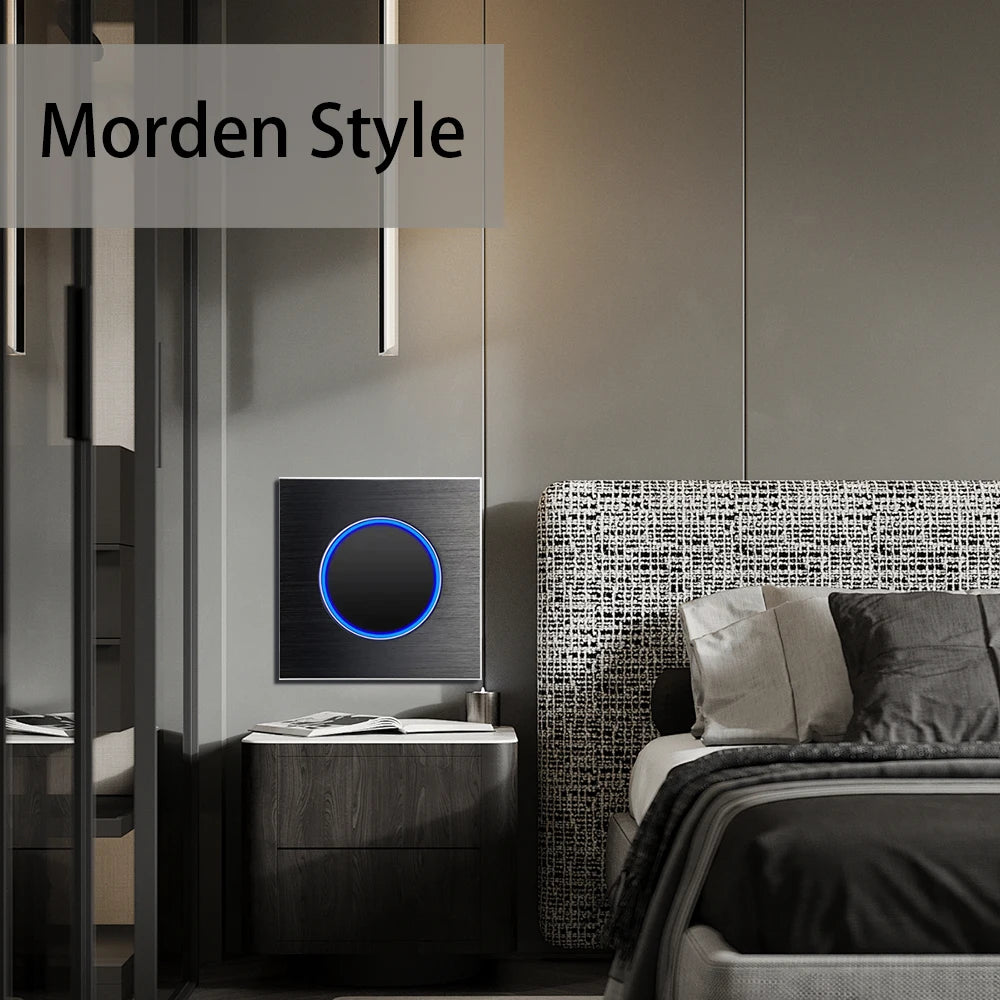 Wallpad Wall Switch 1 Way 2 Way, Circle Round Button, Blue LED Indicator, Brushed Aluminum Finishing, Black Gold SIlver Brown