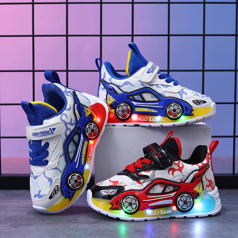 Mgo Kidss New Spring and Autumn Children's Car-Themed Boys' Sneakers, Cartoon Light-Up Shoes for Kids, Boys' Glowing Running Shoes for Ages 1-3-6, Led Light-Up Shoes, Lightweight Boys' Shoes, Light-Up Sneakers, Christmas/Halloween Gifts