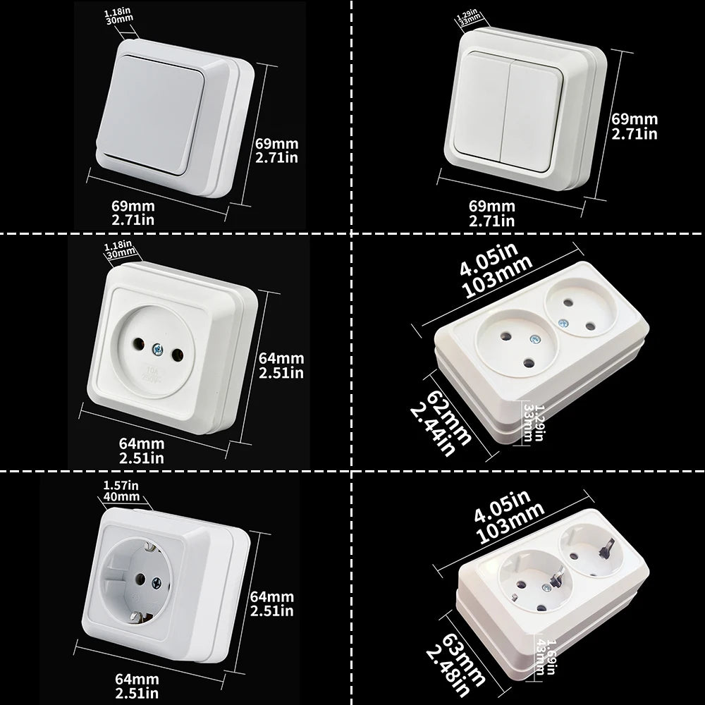 WESA White Wall Mount Socket EU Standard Electrical Outlett Ground Vintage Surface Power Socket Plug Flame Retardant Plastic