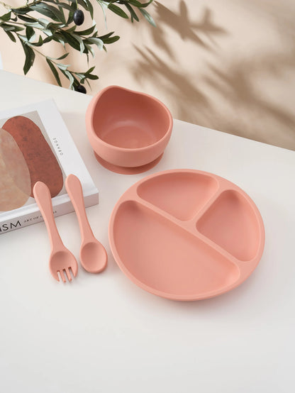 4PCS Baby Silicone Feeding Set Suction Dishes Plate Spoon Fork BPA Free Sucker Bowl Toddler Training Tableware Essentials