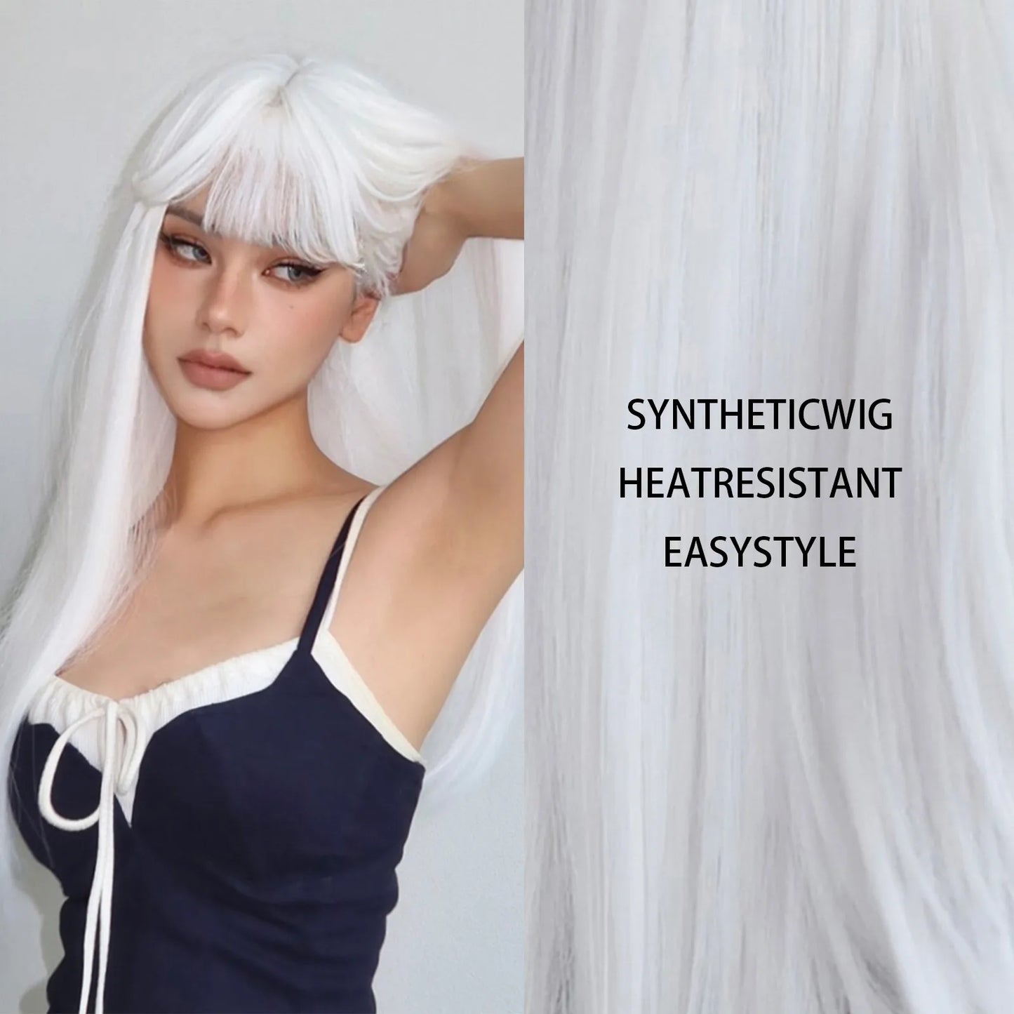 White Long Straight Synthetic Wigs for Women, Colorful Cosplay Party Fake Hair with Bangs, White Wig, HighTemperature Fiber, HENRY MARGU