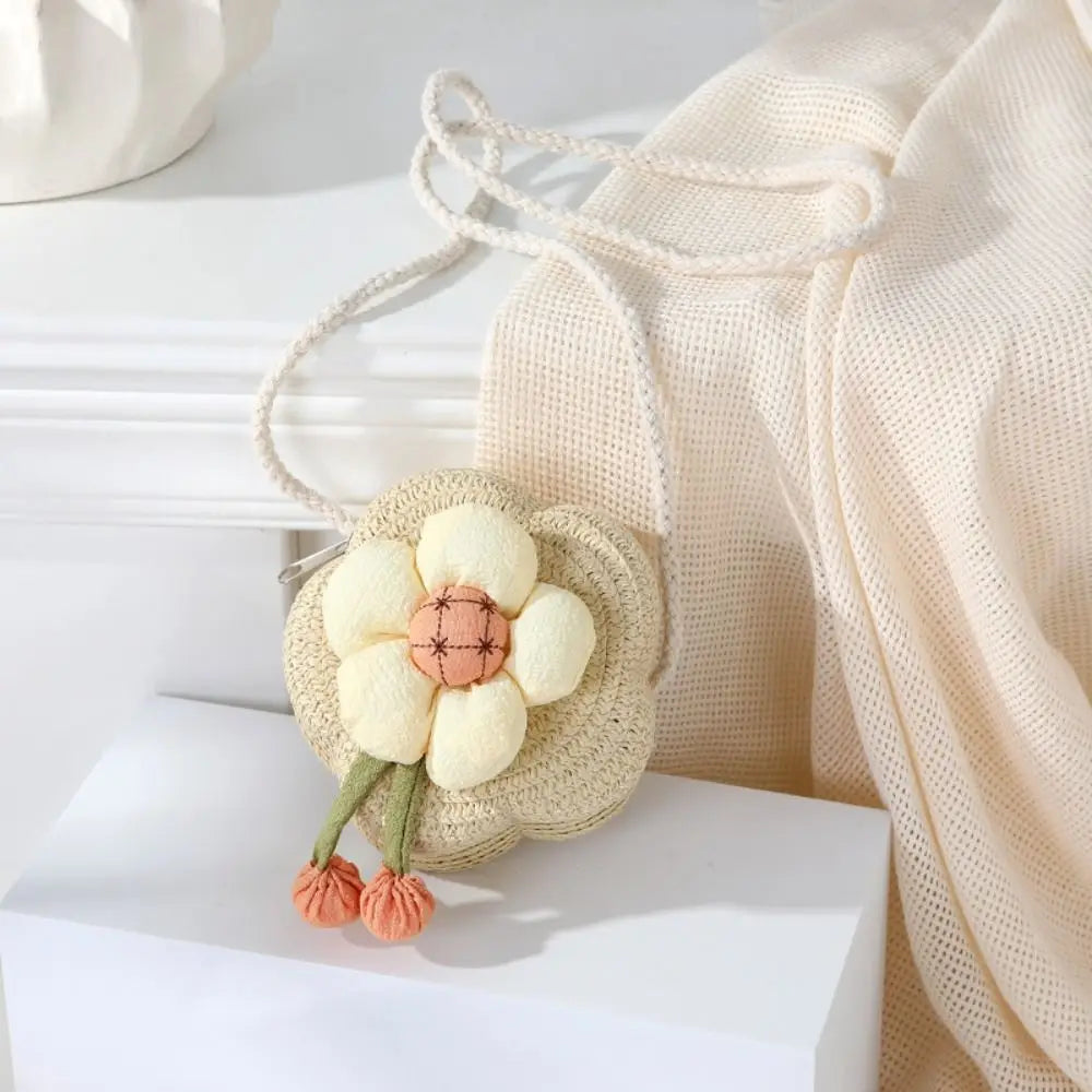 Bolso bandolera de paja duradero, monedero tejido con flores, bolso de mano para niñas, bolso de hombro tipo mensajero para niños, mini bolso de princesa lindo de verano