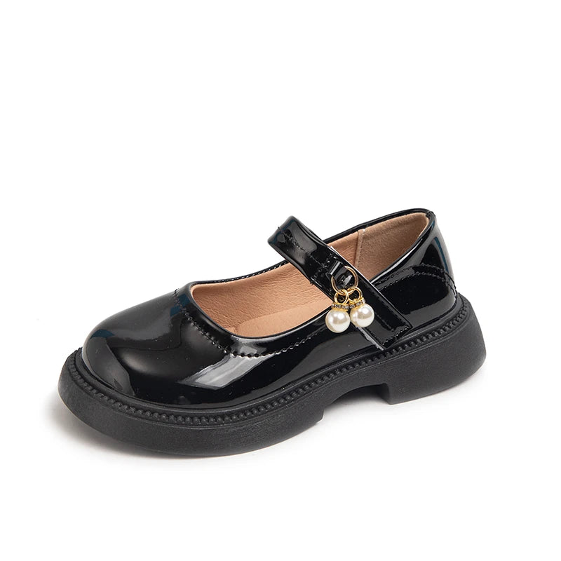 Girls' Chic Leather Princess Mary Janes with Pearl Pendant for Wedding Party, Back to School, Dress Flats (Sizes 26-36)