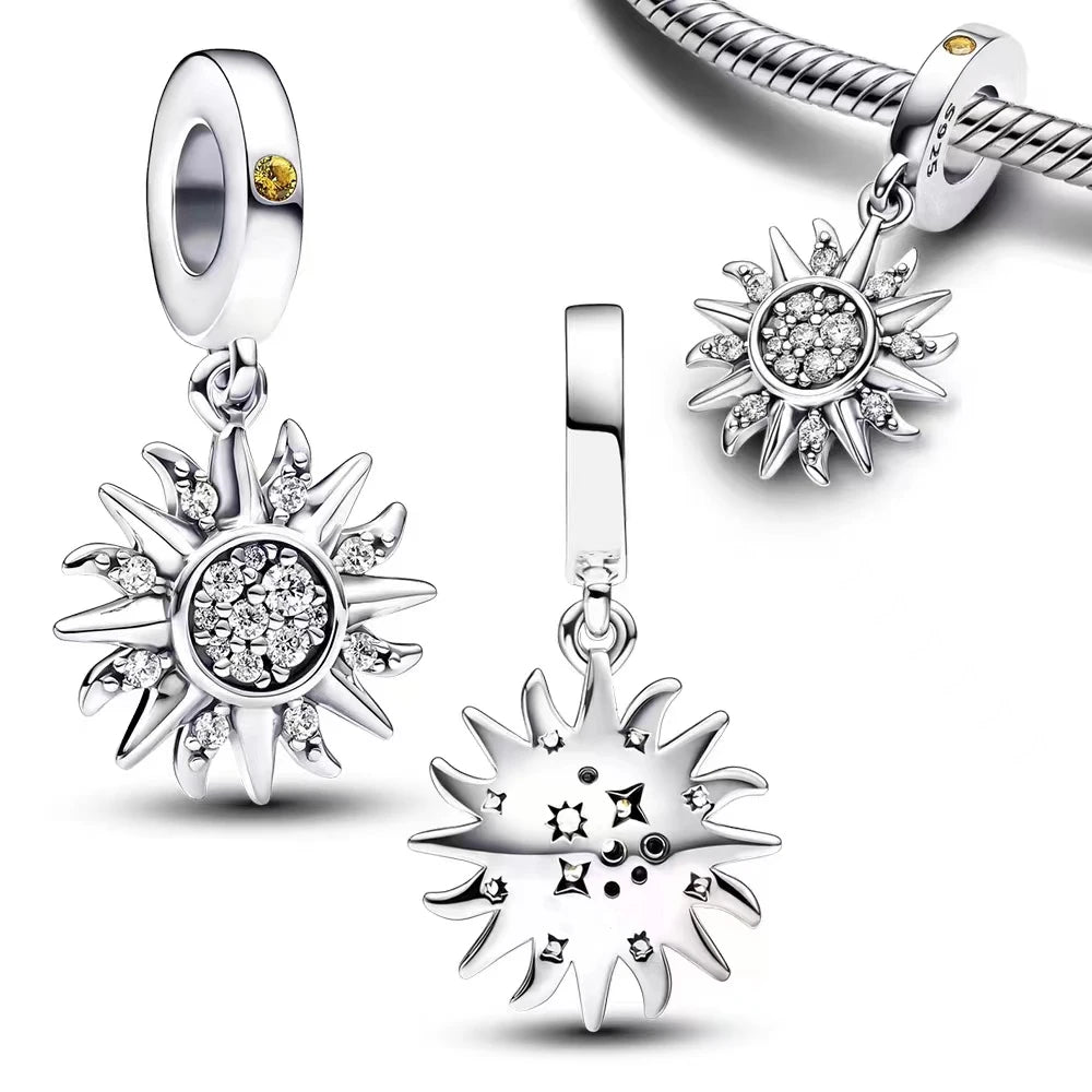Authentic 925 Sterling Silver Charm Sparkling Star Moon & Sun Pendant Fit Original Bracelets DIY Women Bangles Jewelry Gift