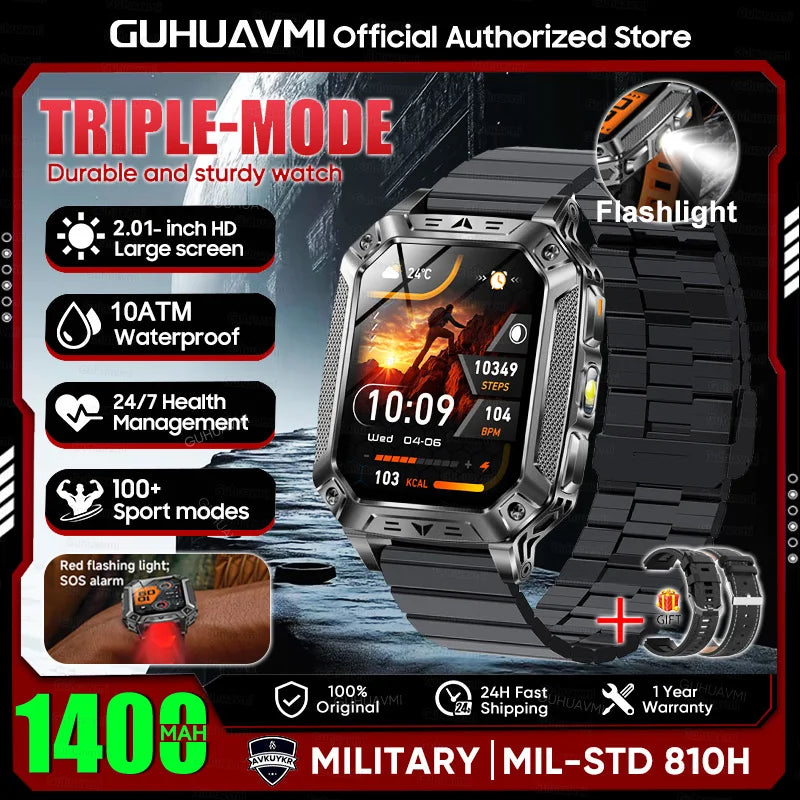 2026 New 1400mAh Large Battery Military Outdoor 2.01 inches Smart watch Men 10ATM Waterproof Bluetooth Call Sports Smart Watch
