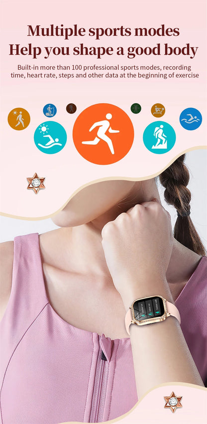 2026 New Fashion Women Diamond Smartwatch Heart Rate Blood Pressure Monitor Music Playback AI Voice Sports BT Calling SmartWatch