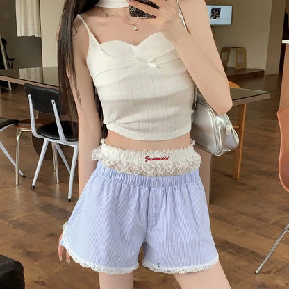S,M,L,XL Sexy Cute Summer Striped Shorts Blue Pink Elastic Waist Shorts Button Embroidered Lace Shorts Leggings for Women Girl