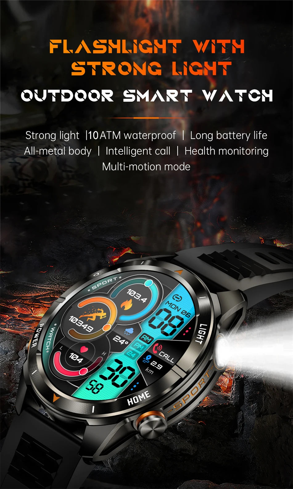 New Outdoor Sport Smart Watch, For Men, 1.46" AMOLED Screen LED, Flashlight, 515mAh Battery, 10ATM Waterproof, Bluetooth Call Smartwatch