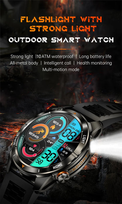 New Outdoor Sport Smart Watch, For Men, 1.46" AMOLED Screen LED, Flashlight, 515mAh Battery, 10ATM Waterproof, Bluetooth Call Smartwatch