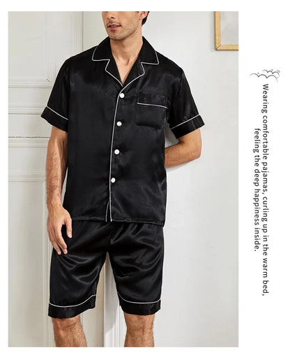 Men Satin Short Sleeve Pajama Set, Summer Sleepwear for Man, Button-Down Shirt & Elastic Waist Shorts, Pajamas Home Clothes, 2Piece
