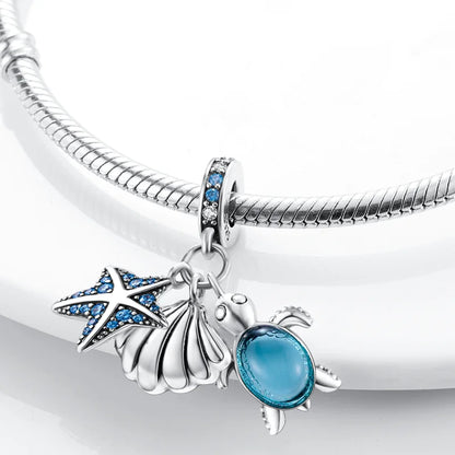 PAMELA 925 Sterling Silver Sea Turtle Starfish Blue Charm Dolphin Octopus Shell Bead For Original Charms Bracelets Ocean Jewelry