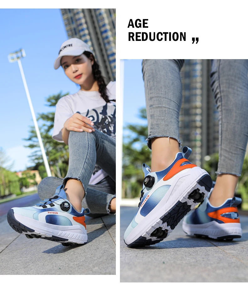 Kids Two Wheels Roller Skating Shoes With Light Magic Stick Walking Shoes Detachable Wheels Roller Skate Shoes For Teenagers