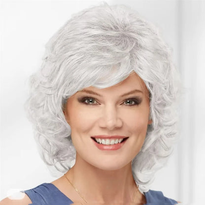Women Synthetic Hair Wigs, Short Curly with Bangs, Shoulder Length  Blonde Grey White Brown Wig, HAIRJOY
