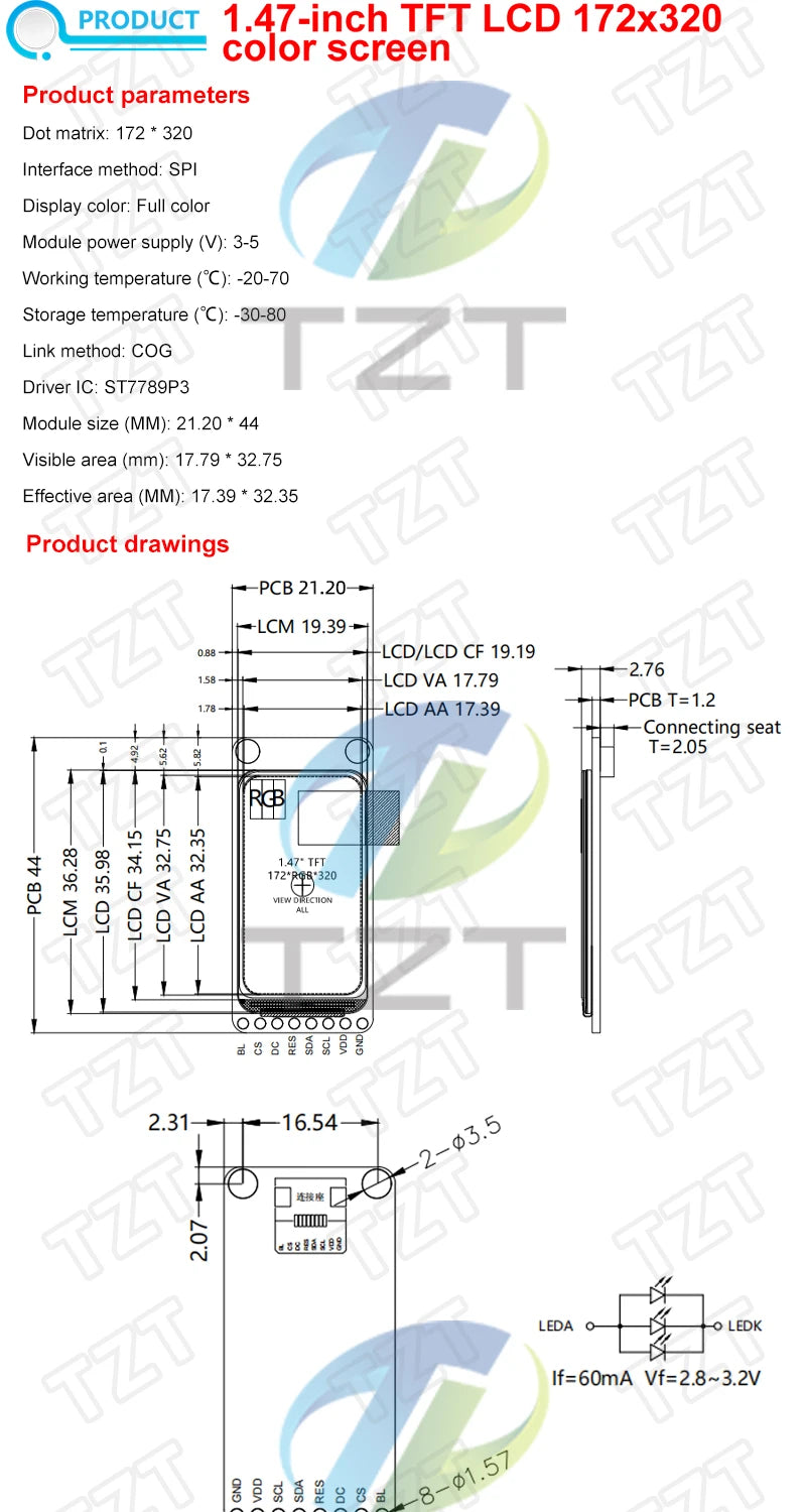 TZT 1.47" 1.47 Inch 172x320 SPI Full Color TFT HD IPS Screen LCD LED Display Module 172*320 ST7789 Controller 3.3V SPI Interface