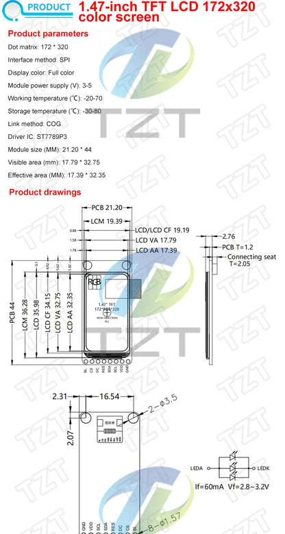TZT 1.47" 1.47 Inch 172x320 SPI Full Color TFT HD IPS Screen LCD LED Display Module 172*320 ST7789 Controller 3.3V SPI Interface