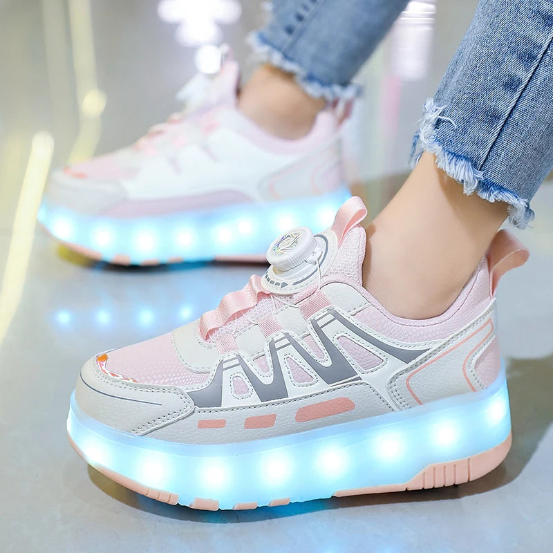 Children Four Wheels Luminous Glowing Sneakers Black Pink Led Light Roller Skate Shoes Kids Led Shoes Boys Girls USB Charging