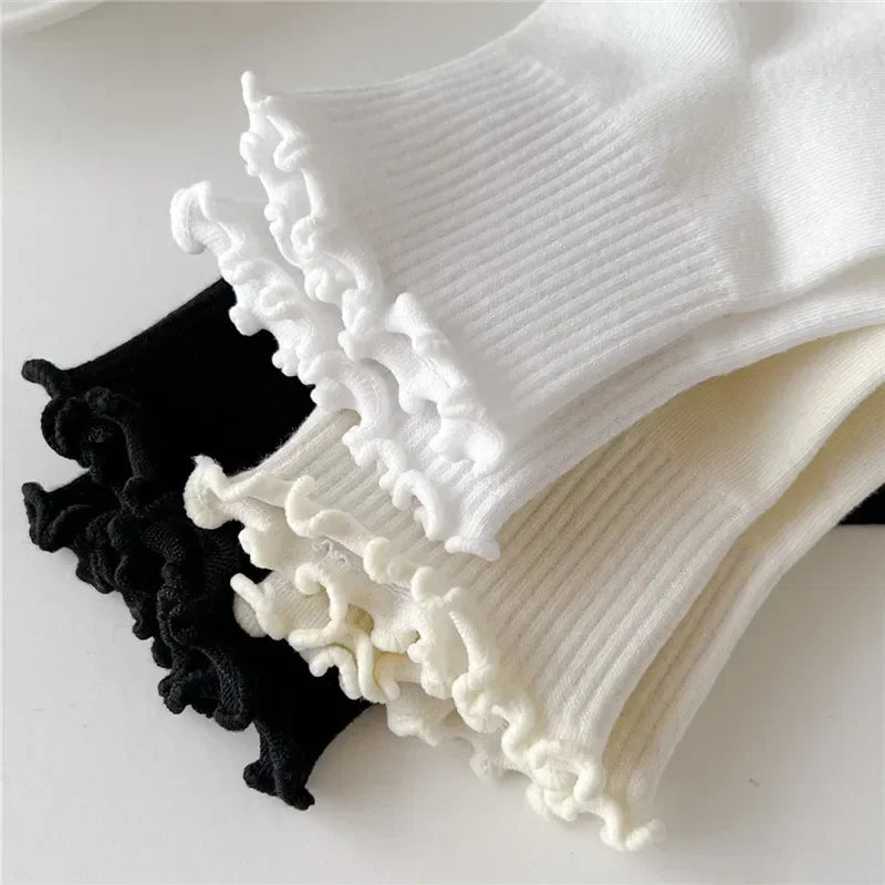 1/3/5pairs Cotton Ruffles Ankle Socks Women Lolita Cute Kawaii Korean Stocking Girl Spring Black White Middle Tube Japanese Sox