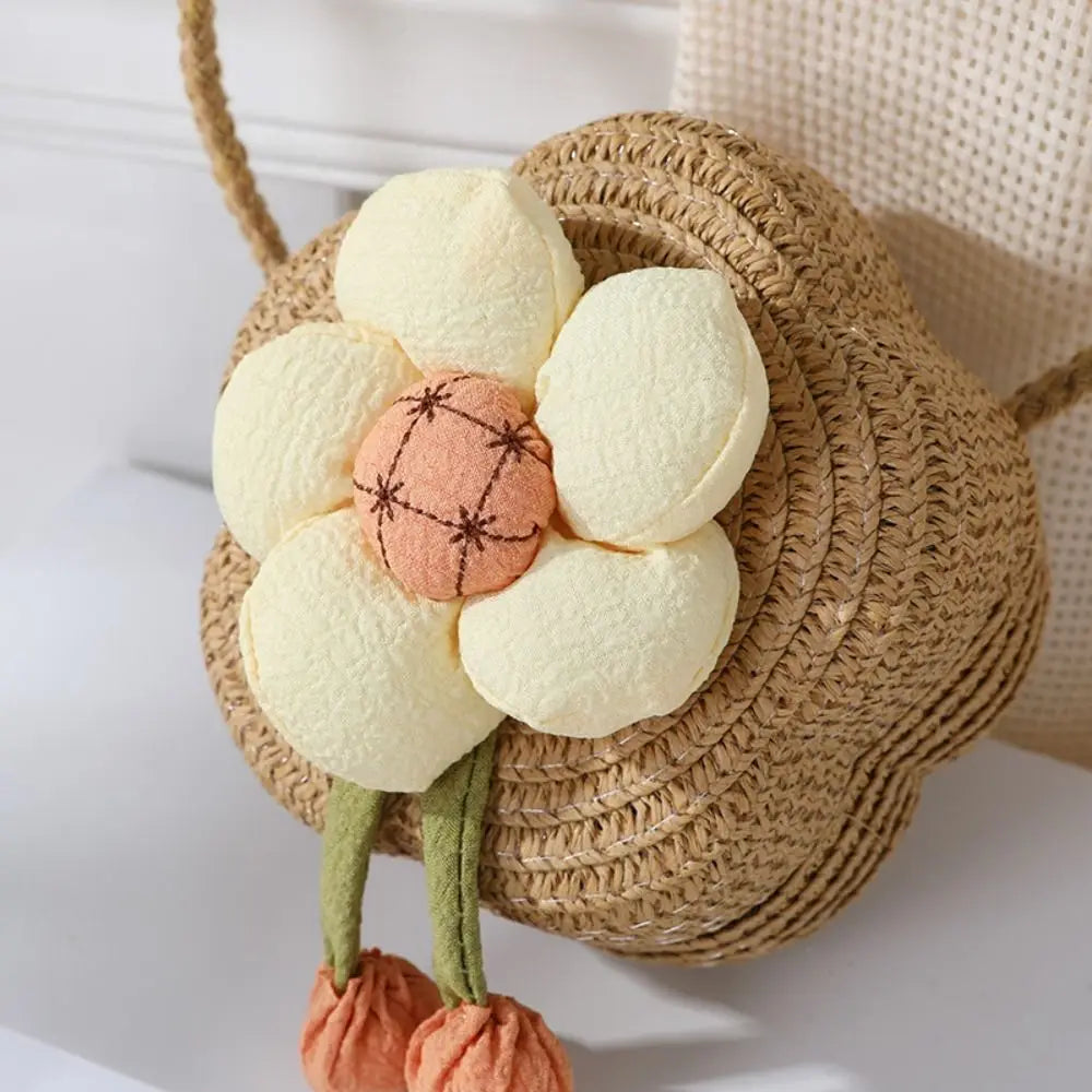 Bolso bandolera de paja duradero, monedero tejido con flores, bolso de mano para niñas, bolso de hombro tipo mensajero para niños, mini bolso de princesa lindo de verano